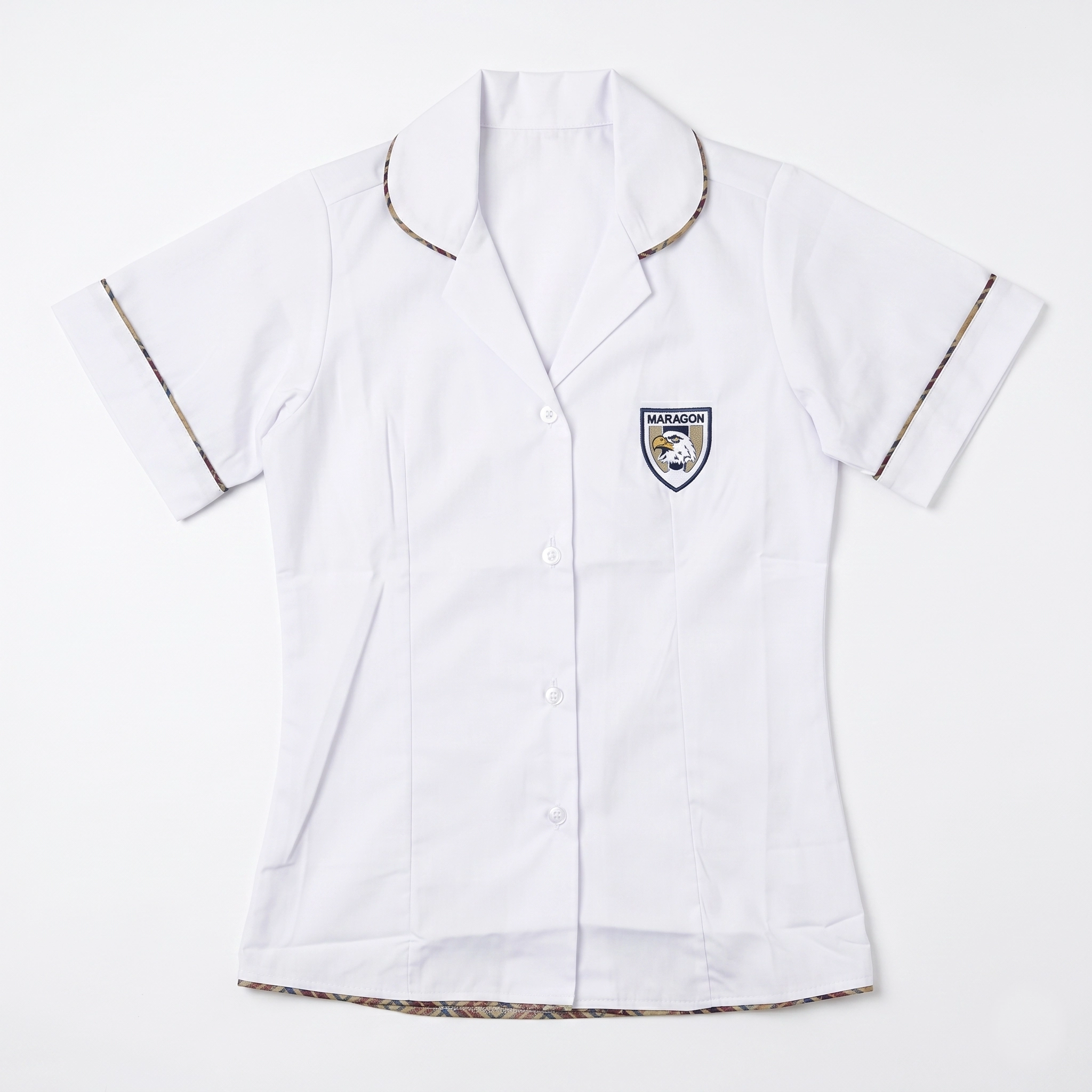 White Blouse Tartan Piping Primary Short Sleeve Blouse - Image 1